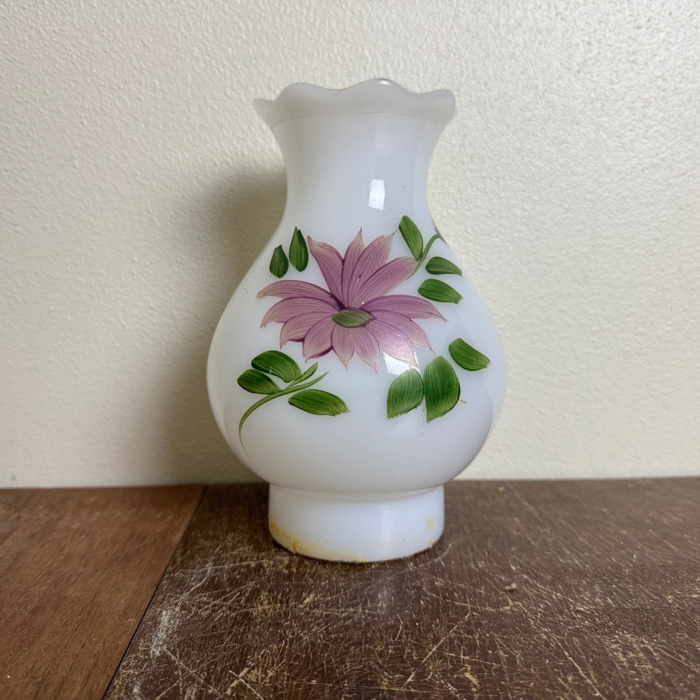 Vintage Milk Glass Ruffle Accent Hand Painted Pink Floral‎ Glass Lamp Shade